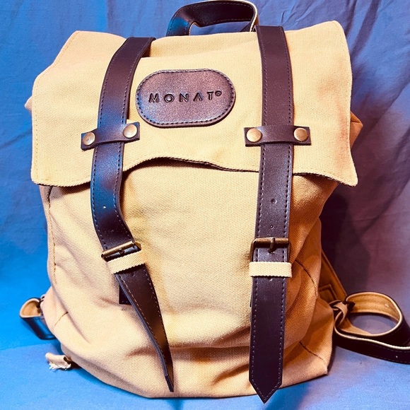 Monat Backpack- tan with faux leather. - Picture 1 of 10